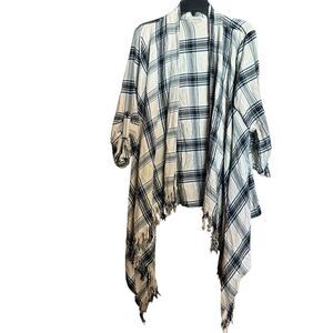 Live and Let Live Kimono Large Multicolor Plaid Fringe Hem Cardigan Tab Sleeves